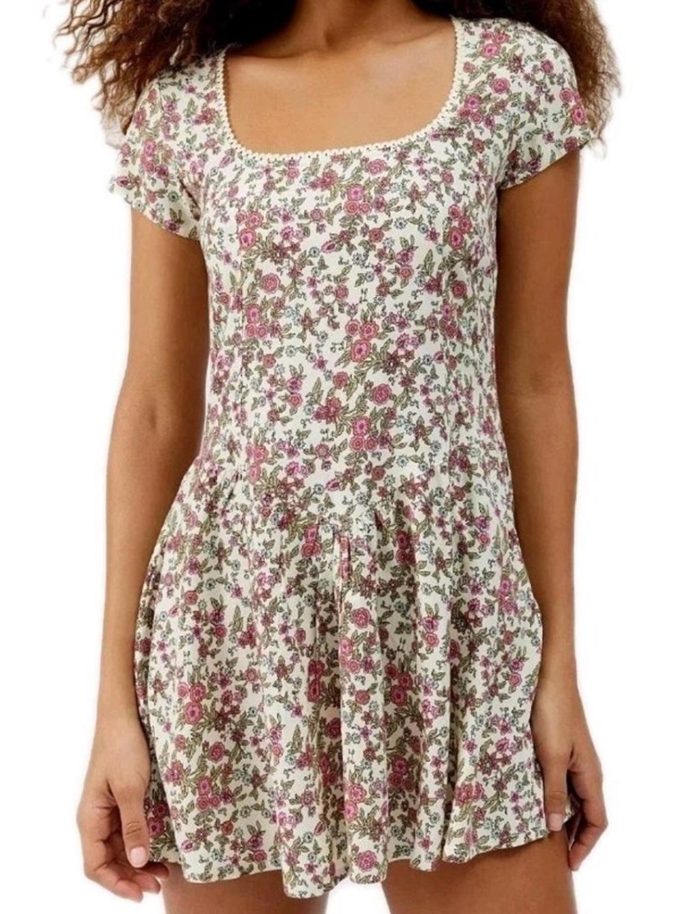 Motel Rocks Cottagecore Fairy Lace Ditsy Floral Drop Waist Mini Dress XS Pink